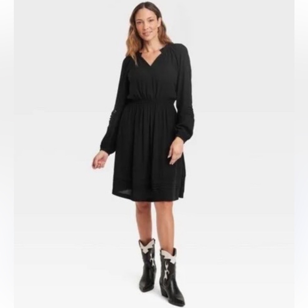 Knox Rose Black Long Sleeve Dress Western Crochet Boho Above Knee Flowy
